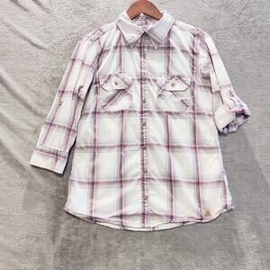 Carhartt Womens White Purple Plaid 3/4 Sleeve Button Up Size Medium Western Work